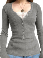 Sienna | Women's Ribbed Henley Shirt with Button Details