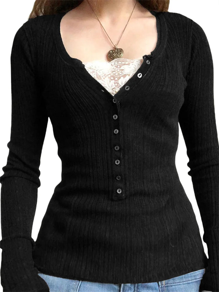 Sienna | Women's Ribbed Henley Shirt with Button Details