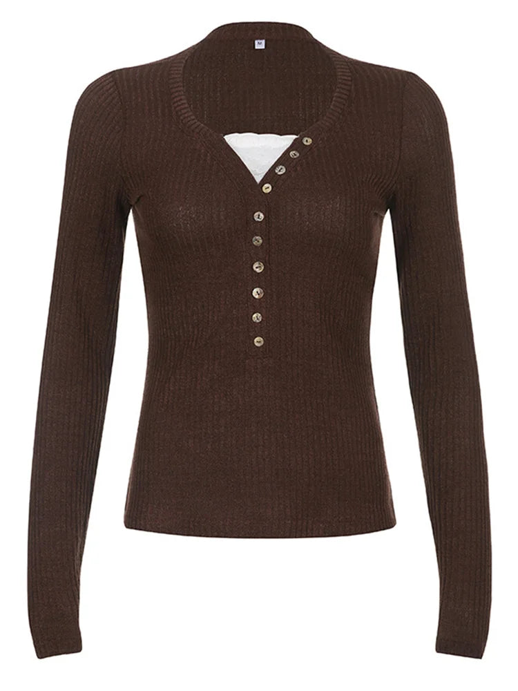 Sienna | Women's Ribbed Henley Shirt with Button Details