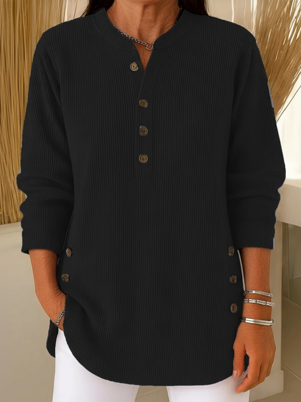 Zalene - Women's Casual Henley Sweater with Button Detail