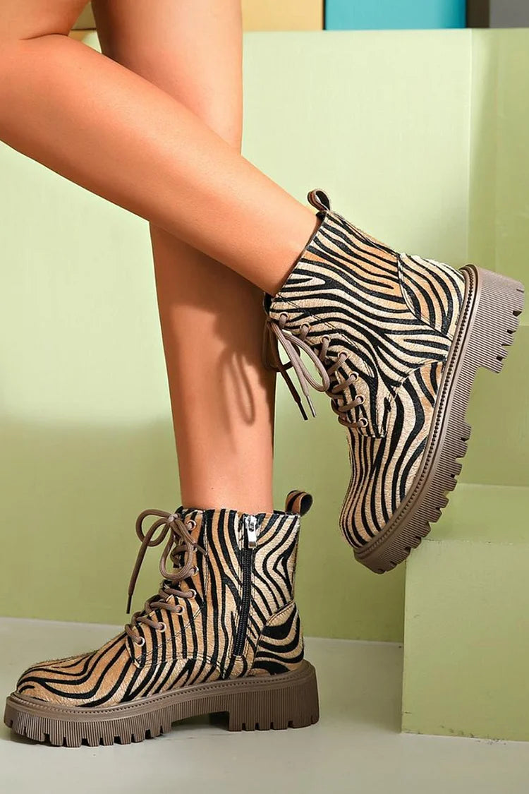 Zuri - Women's Chic Zebra Print Lace-Up Ankle Boots